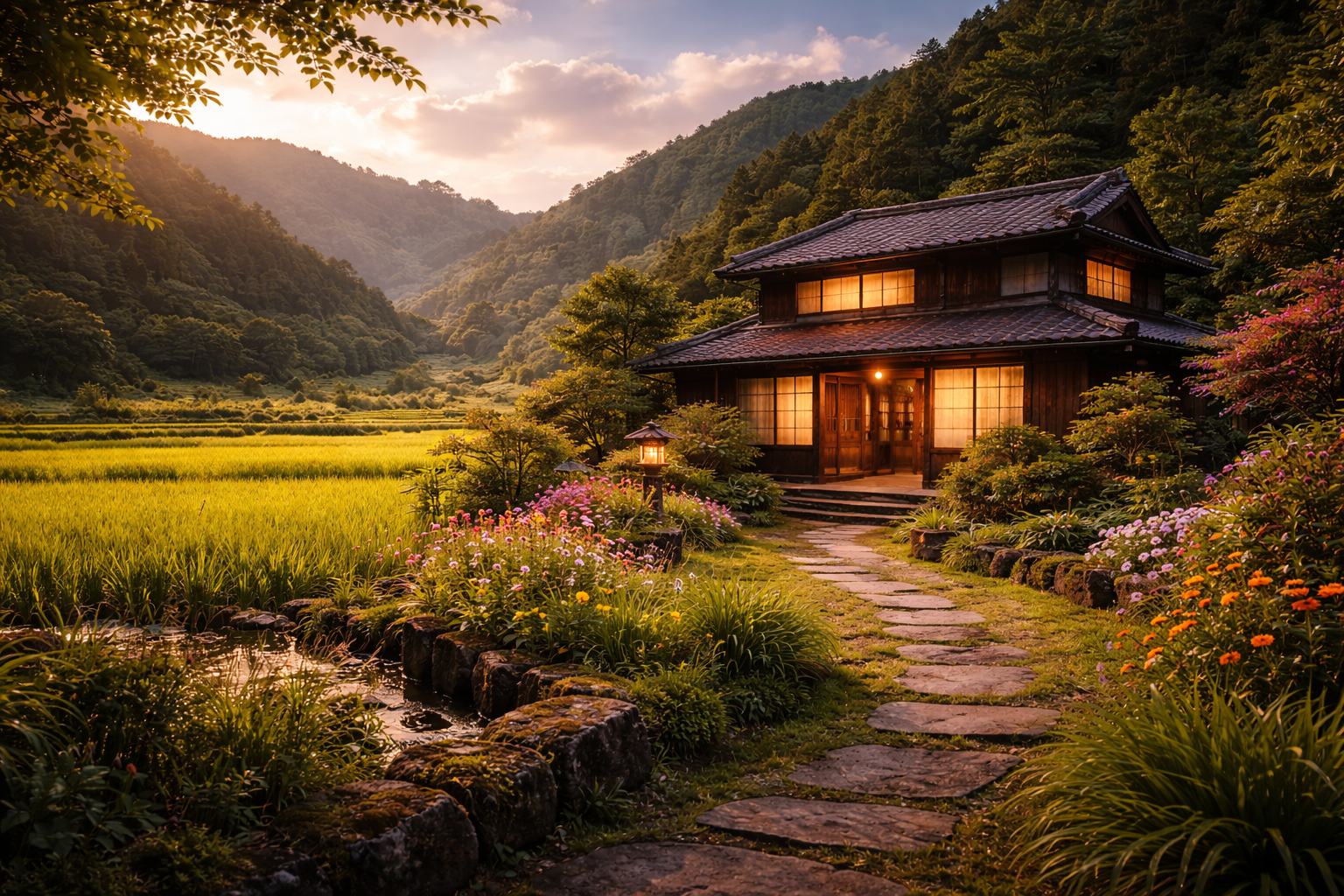 Japanese countryside home with rice fields at golden hour